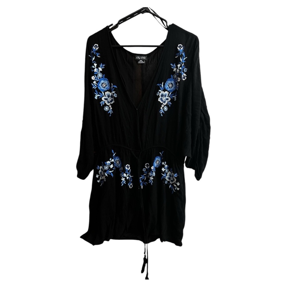 City Chic Romper Tunic with Blue Floral Embroidery